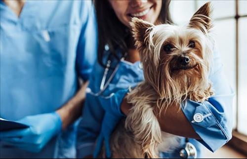 רופאה וטרינרית מחזיקה כלב במרפאה